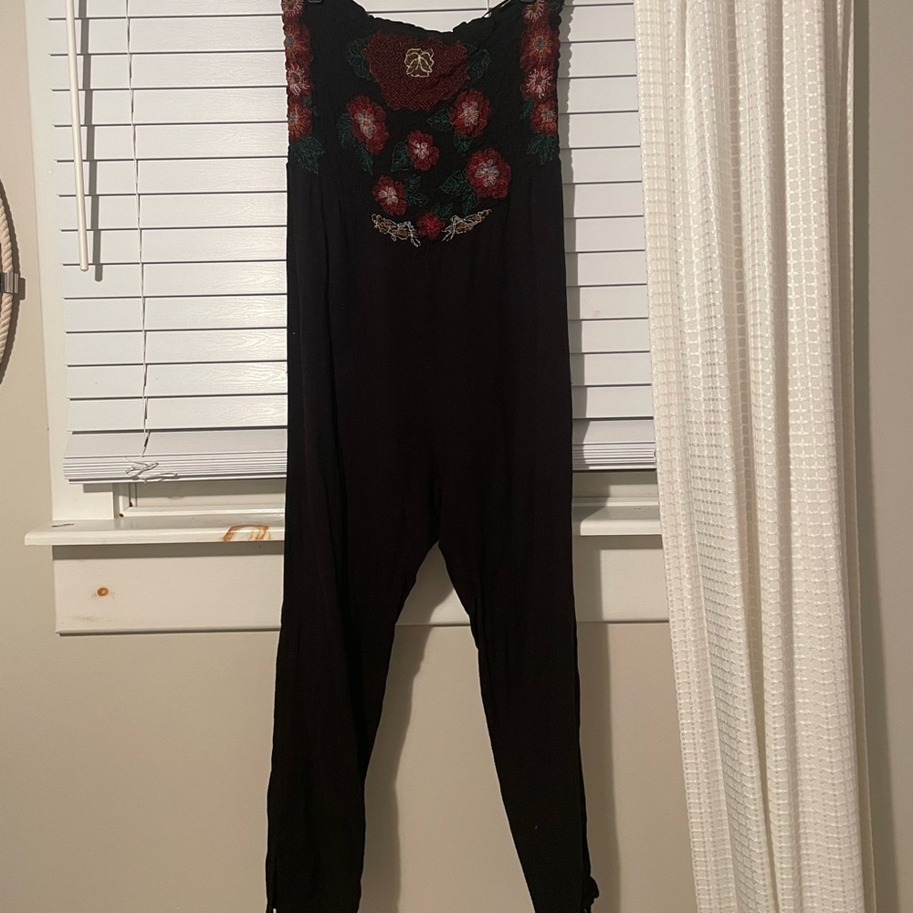 Free People, black embroidered strapless jumpsuit